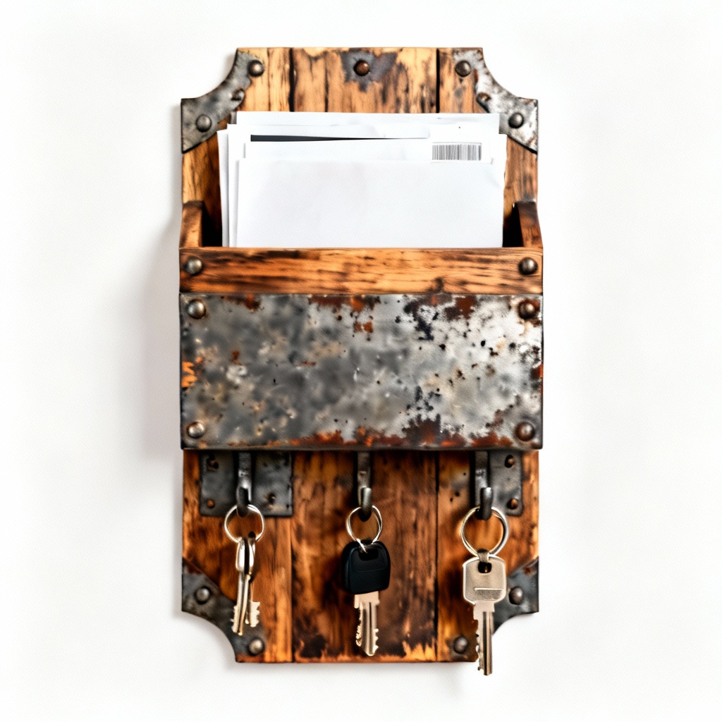 Rustic Wood and Metal Wall Mounted Key Holder with Mail Organizer