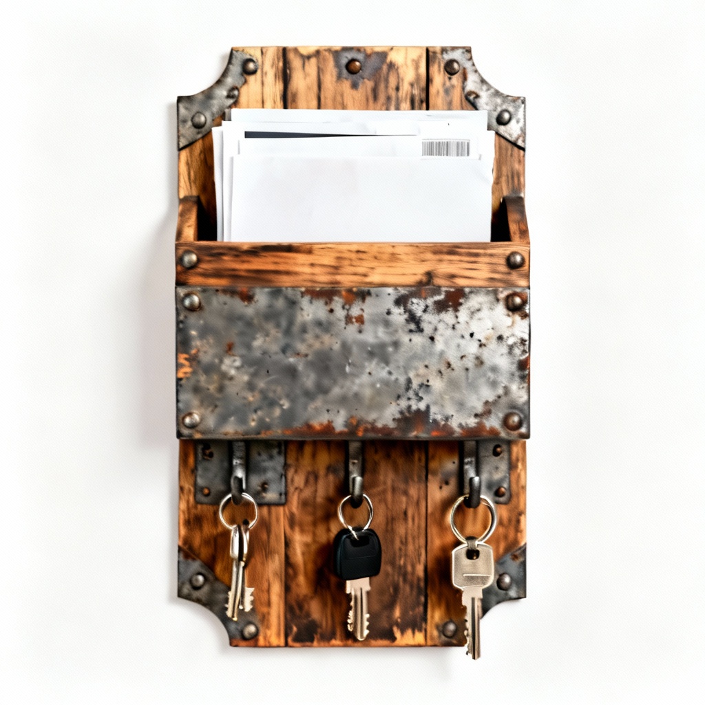 Rustic Wood and Metal Wall Mounted Key Holder with Mail Organizer