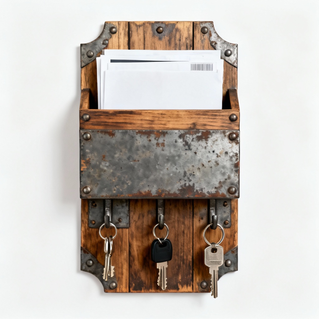 Rustic Wood and Metal Wall Mounted Key Holder with Mail Organizer