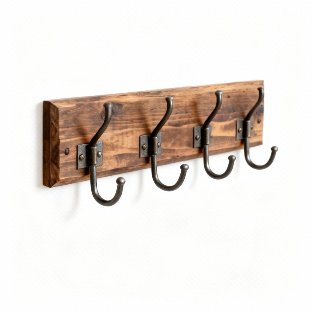 Rustic Wooden Wall-Mounted Key Holder with 4 Hooks