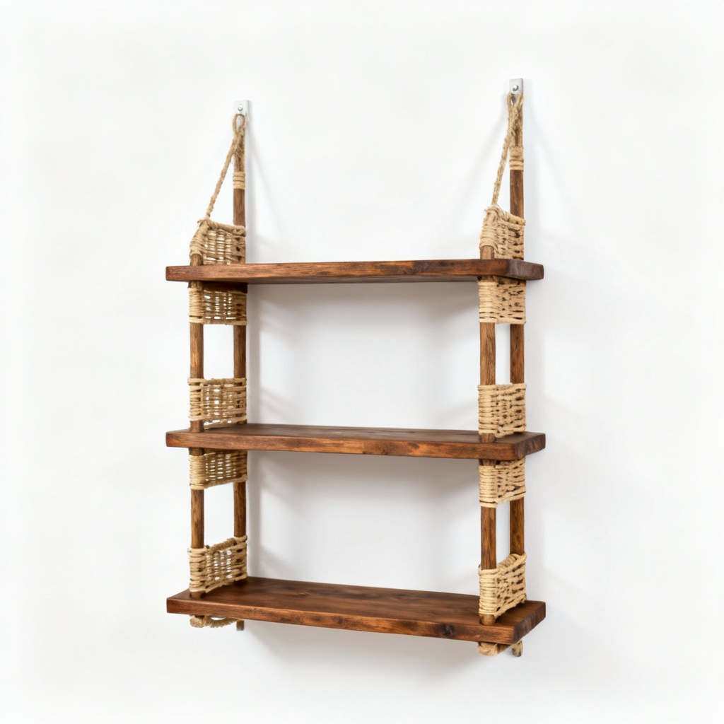 Rustic Wooden Wall Hanging Shelf with Rattan Accents