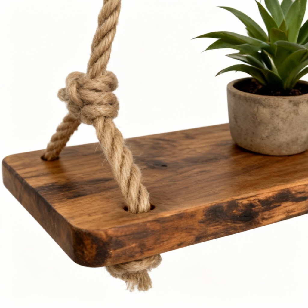 Rustic Wooden Wall Hanging Shelf with Rope, Small Plant Display