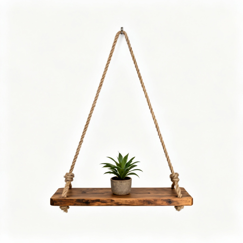 Rustic Wooden Wall Hanging Shelf with Rope, Small Plant Display