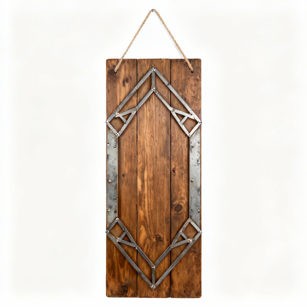 Rustic Wooden Wall Hanging with Geometric Metal Accents, 12x18