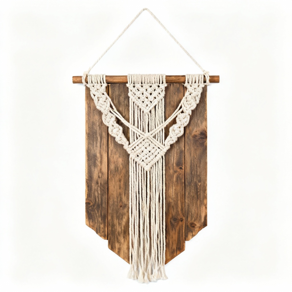 Rustic Wooden Wall Hanging with Macrame Accent - 12x24 Inches