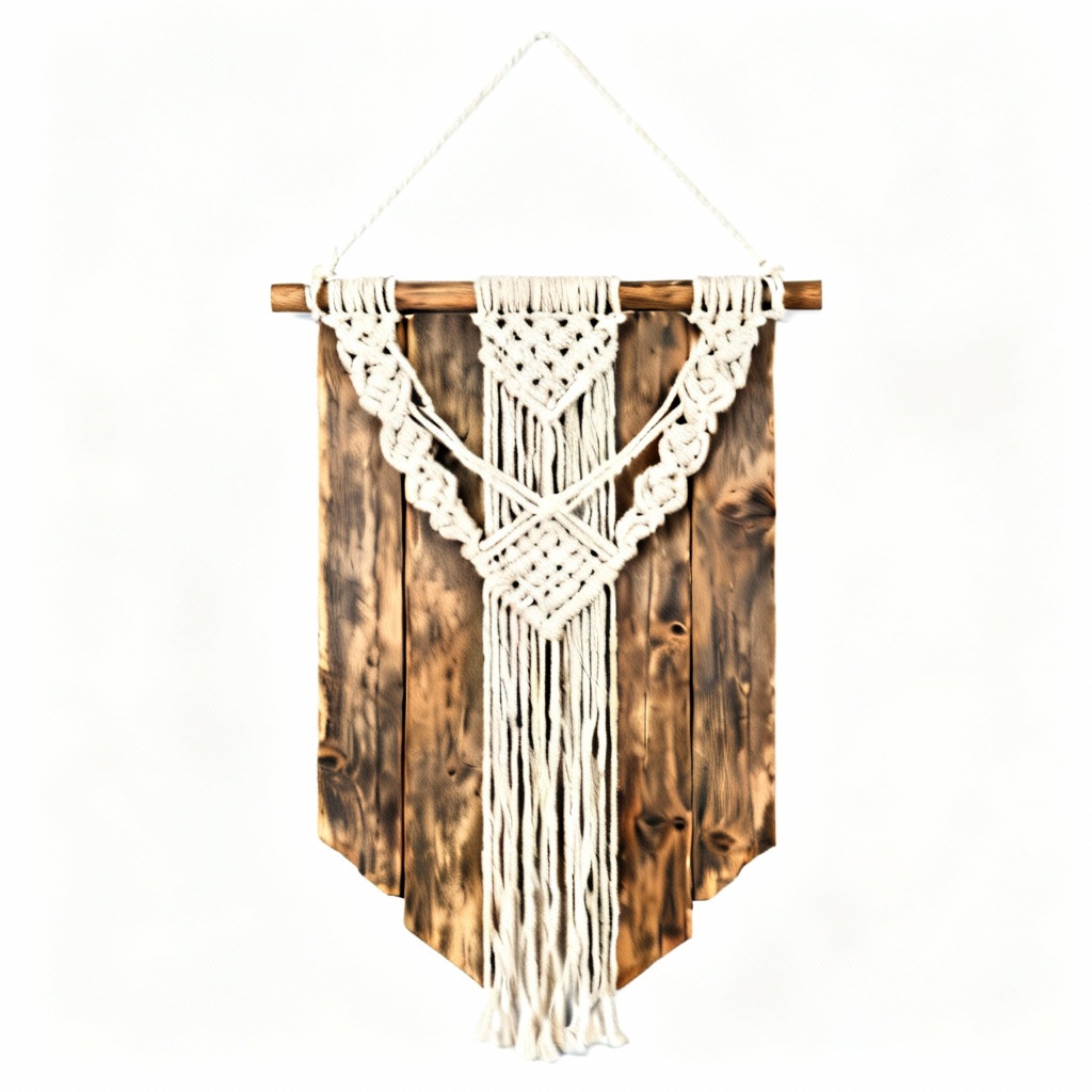 Rustic Wooden Wall Hanging with Macrame Accent - 12x24 Inches