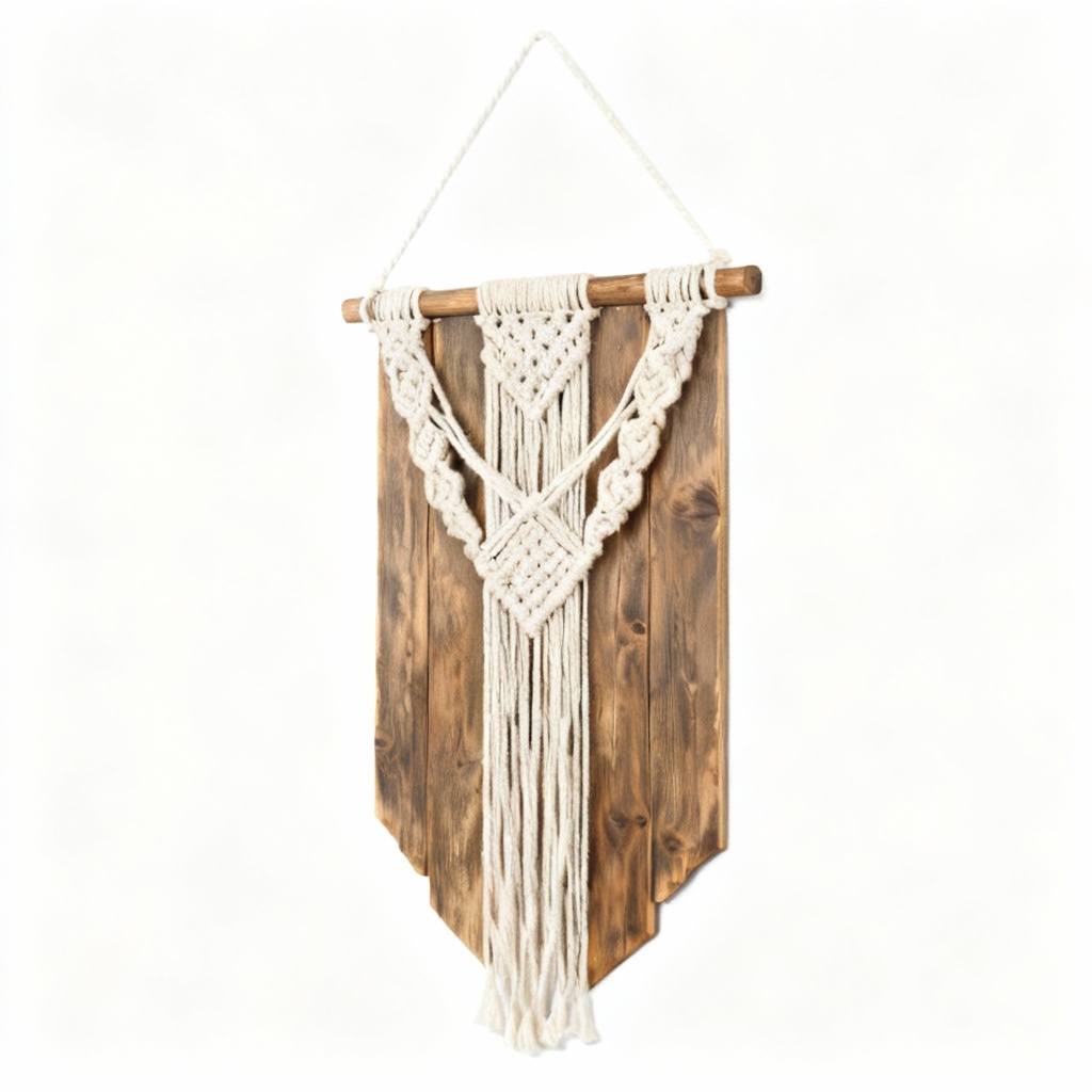 Rustic Wooden Wall Hanging with Macrame Accent - 12x24 Inches
