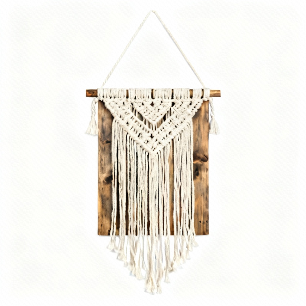 Rustic Wooden Wall Hanging with Macrame Accent, 12x24 inches