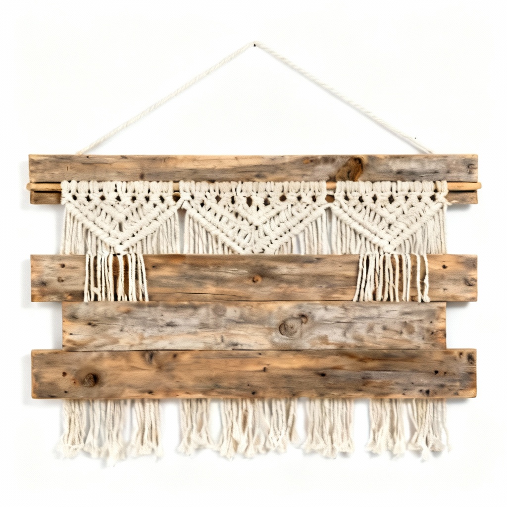 Rustic Wooden Wall Hanging with Macrame Accents - 12x24 Inches
