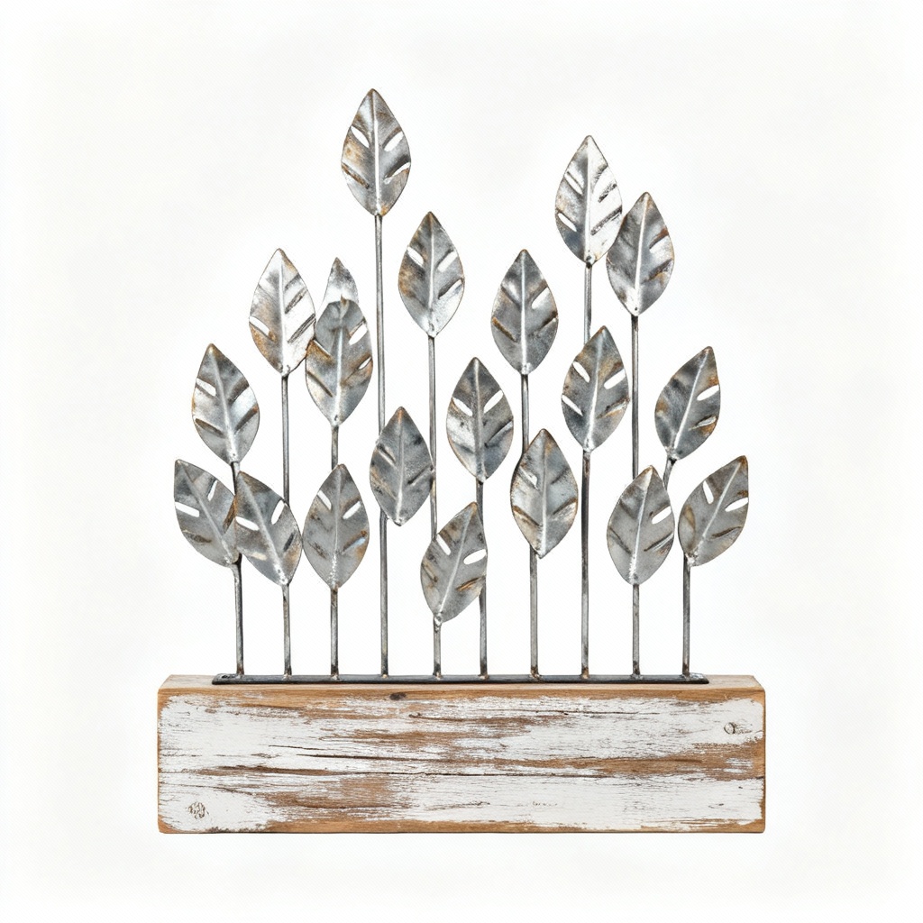 Rustic Wooden Wall Hanging with Metal Leaf Accents - 12x18 inches