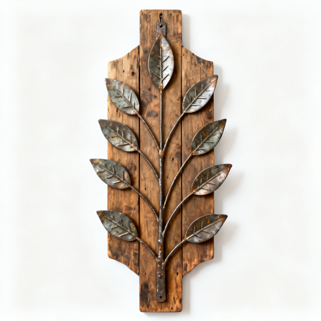 Rustic Wooden Wall Hanging with Metal Leaf Accents