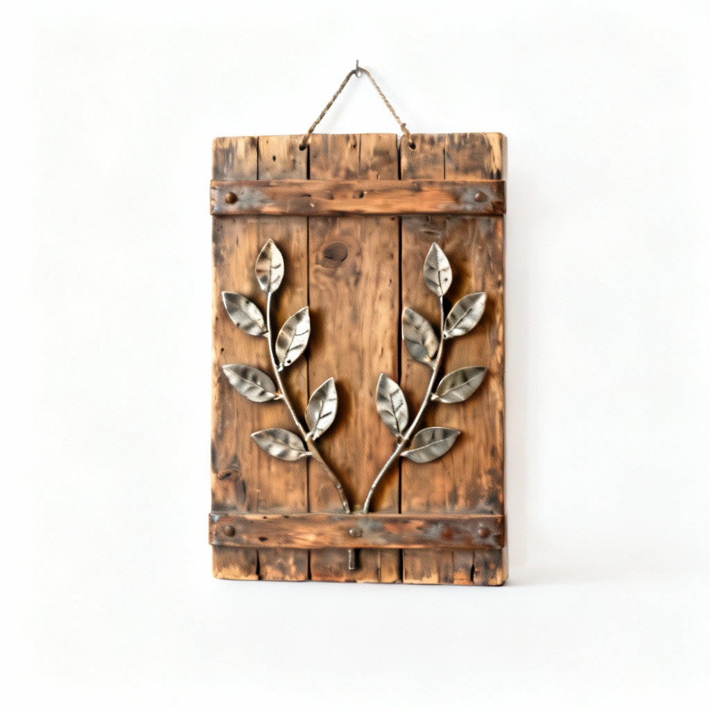 Rustic Wooden Wall Hanging with Metal Leaf Accents
