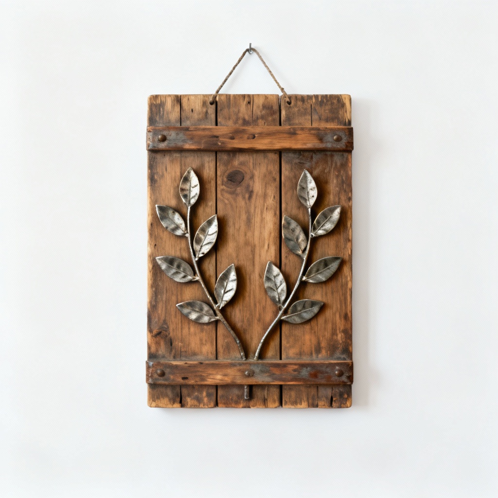 Rustic Wooden Wall Hanging with Metal Leaf Accents