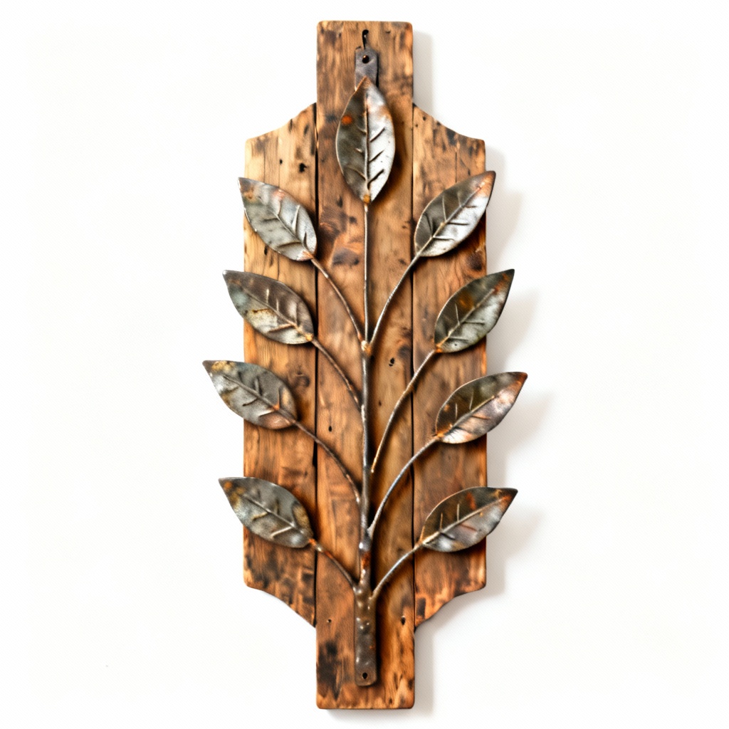 Rustic Wooden Wall Hanging with Metal Leaf Accents