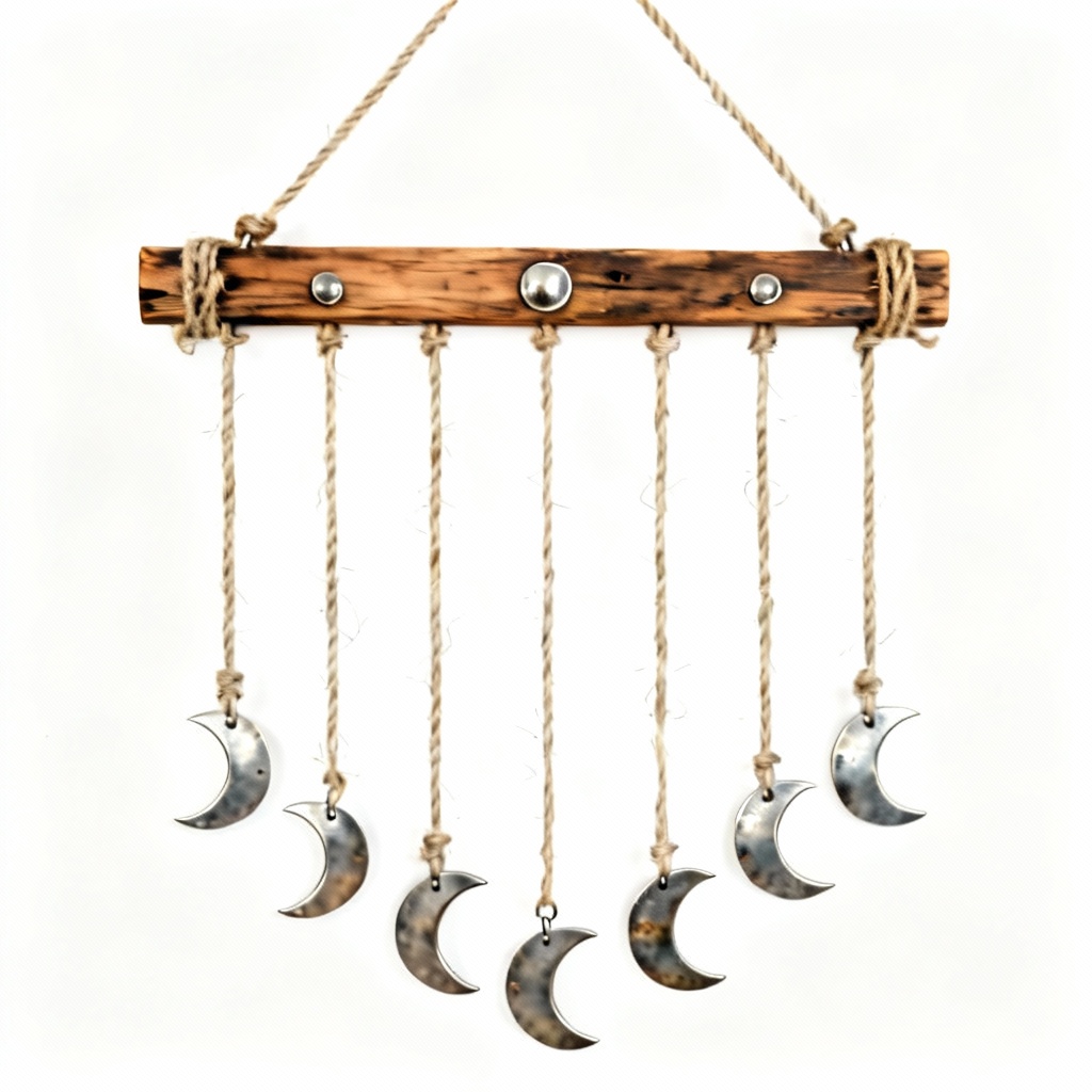 Rustic Wooden Wall Hanging with Metal Moon Phase Design