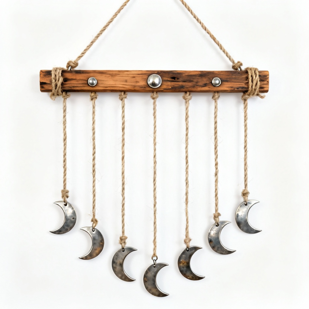 Rustic Wooden Wall Hanging with Metal Moon Phase Design