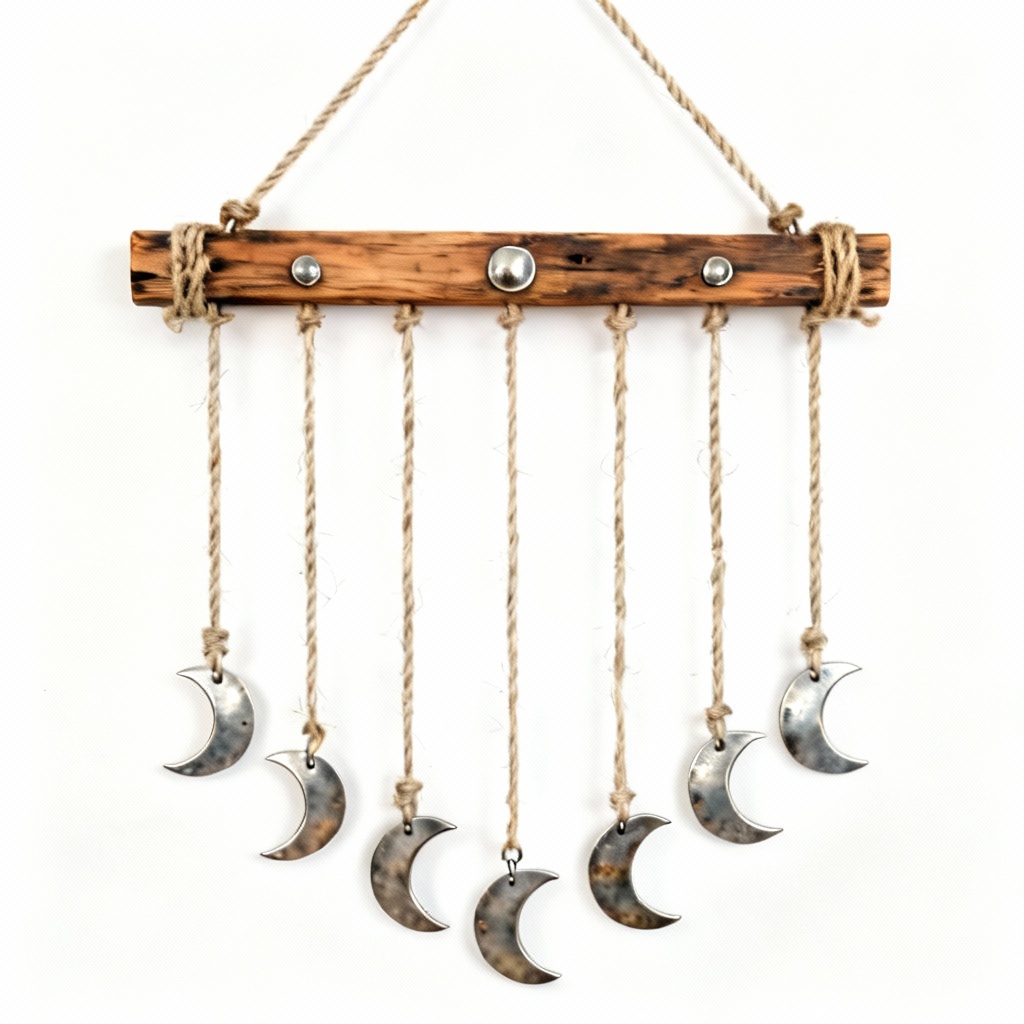 Rustic Wooden Wall Hanging with Metal Moon Phase Design