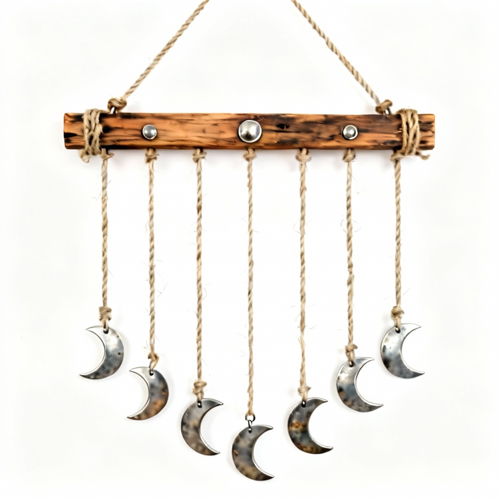 Rustic Wooden Wall Hanging with Metal Moon Phase Design