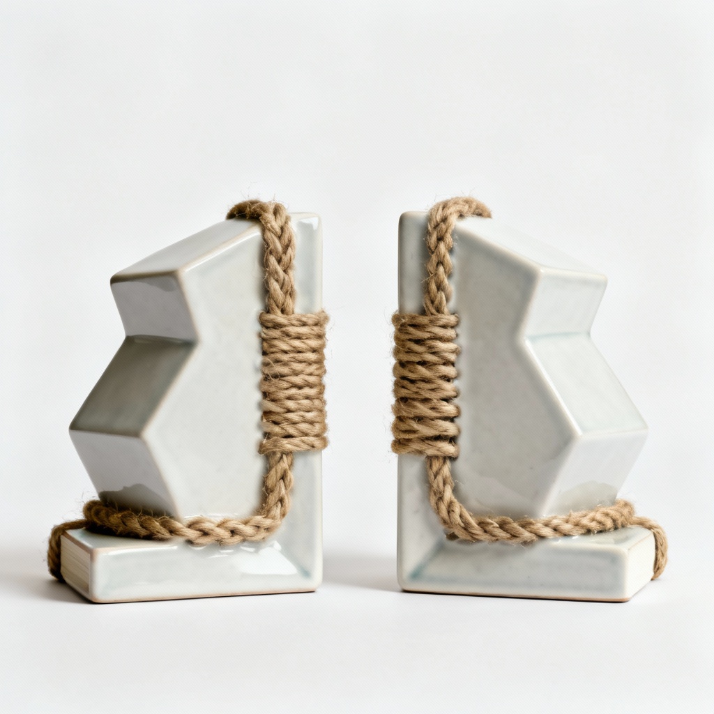 Sculptural Ceramic Bookends with Braided Jute Accents - Geometric Design