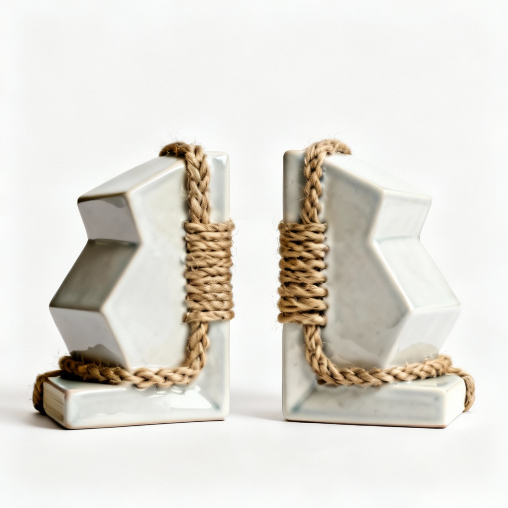 Sculptural Ceramic Bookends with Braided Jute Accents - Geometric Design