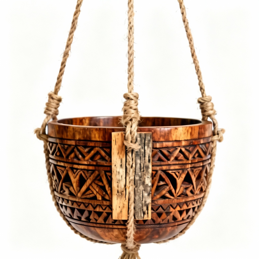 Tribal Carved Wood Hanging Planter with Reclaimed Wood Accent - 8 Inch
