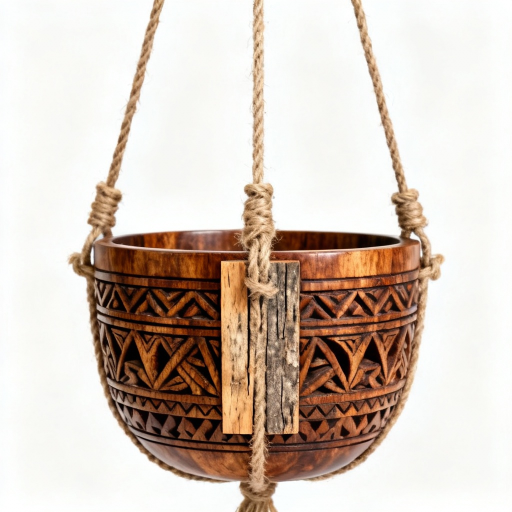 Tribal Carved Wood Hanging Planter with Reclaimed Wood Accent - 8 Inch