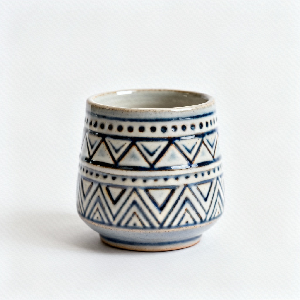 Tribal Ceramic Plant Pot with Glazed Detailing - 5 Inch
