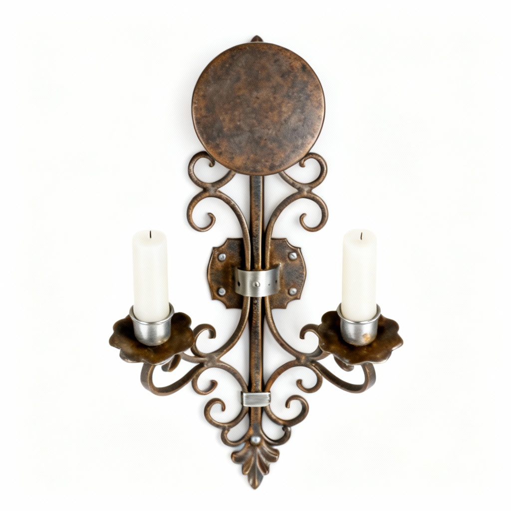 Vintage Metal Scrollwork Candle Sconce with Aluminum Accents - Wall Mounted