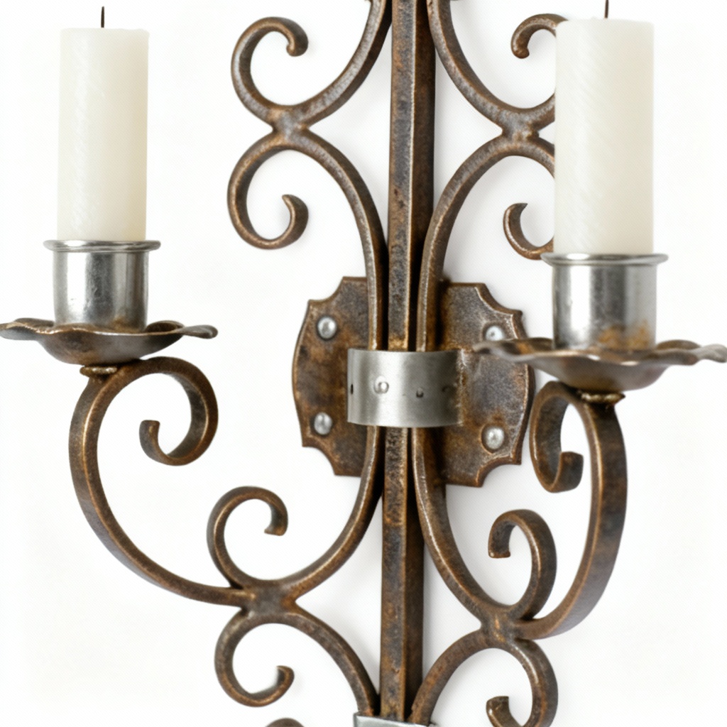 Vintage Metal Scrollwork Candle Sconce with Aluminum Accents - Wall Mounted