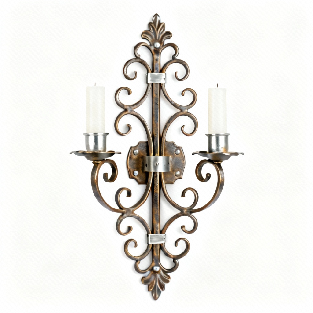 Vintage Metal Scrollwork Candle Sconce with Aluminum Accents - Wall Mounted