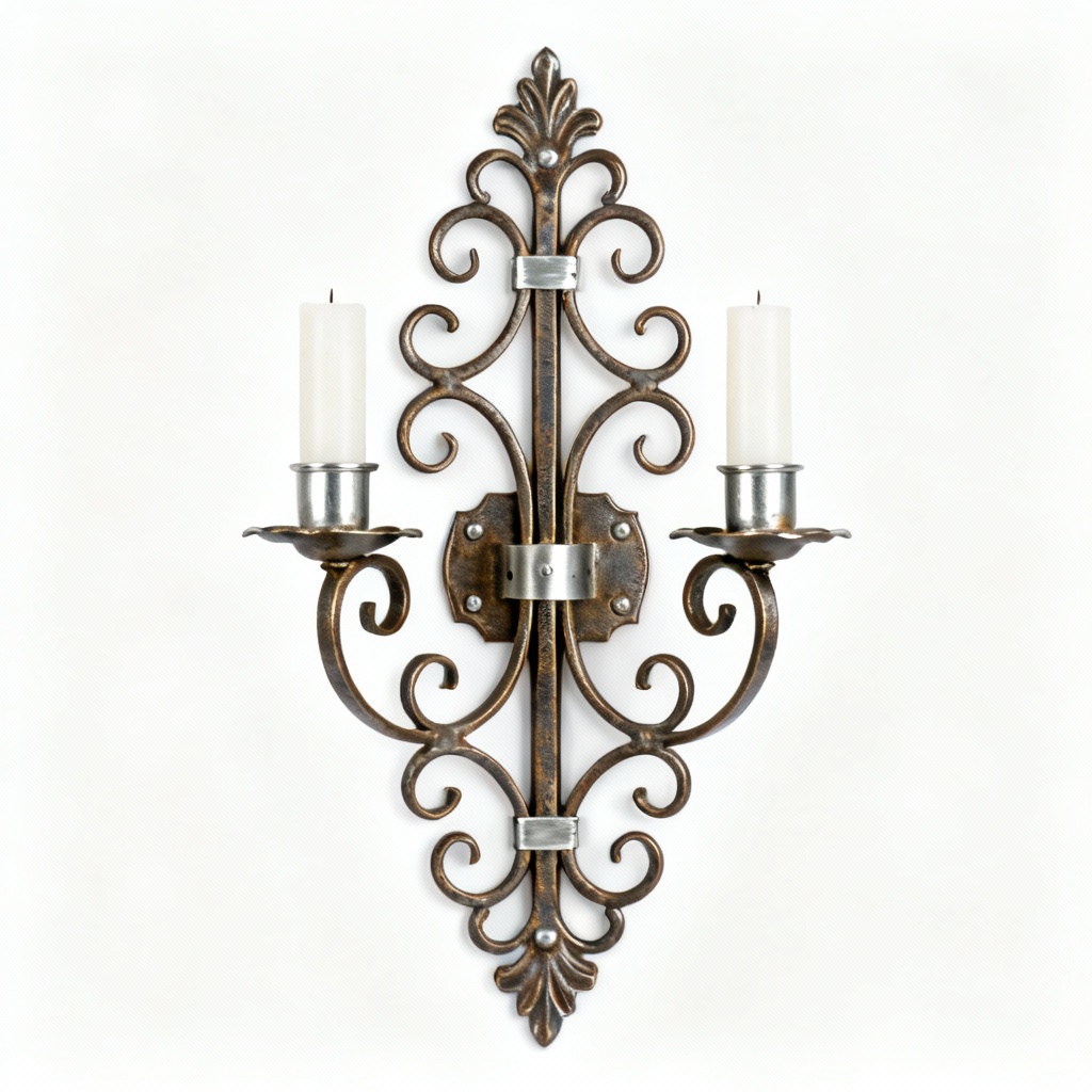 Vintage Metal Scrollwork Candle Sconce with Aluminum Accents - Wall Mounted