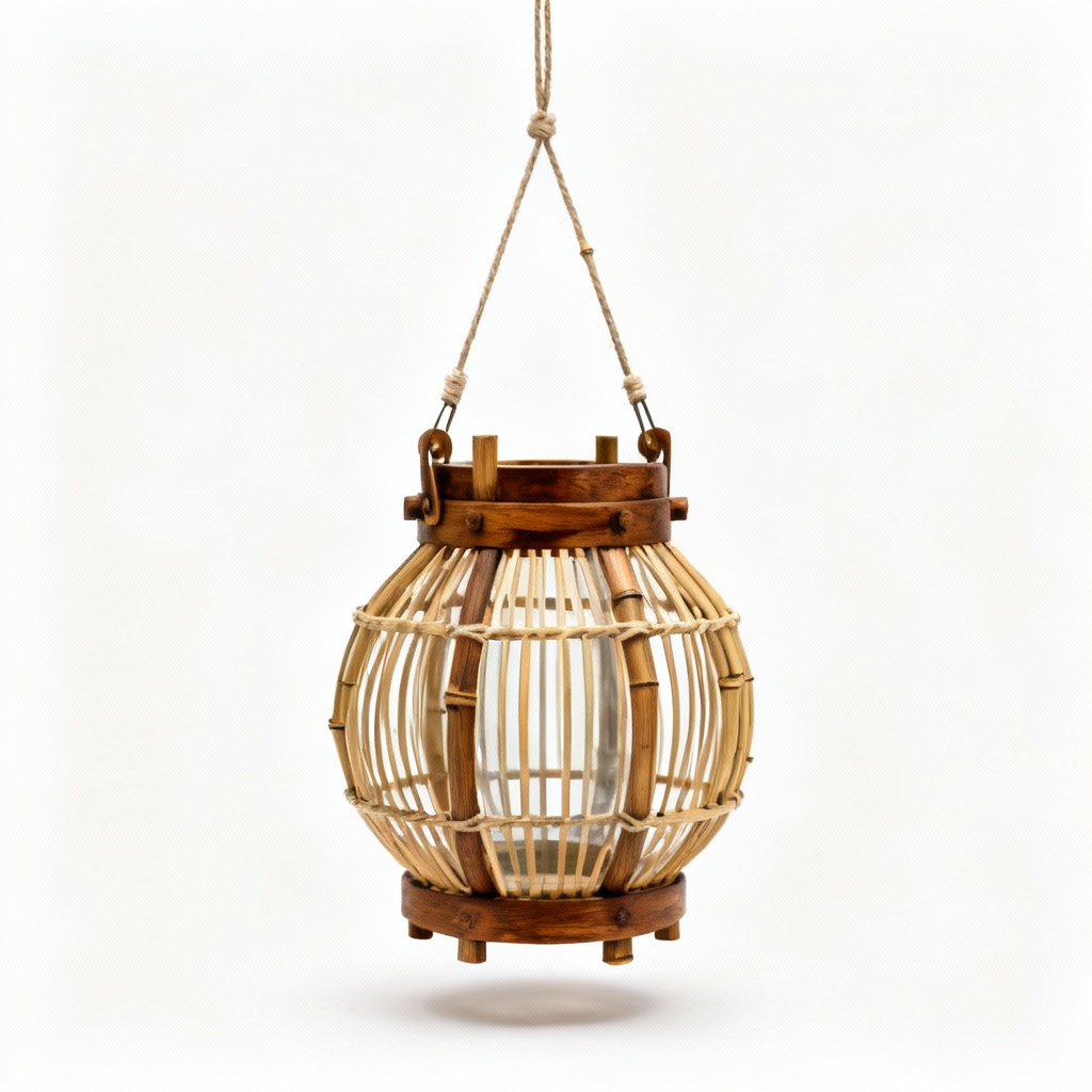 Vintage Wood & Bamboo Hanging Terrarium Lantern