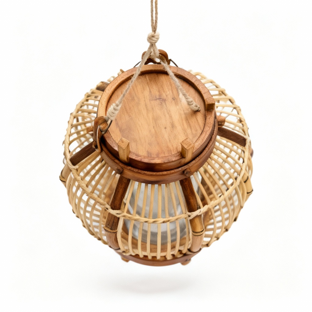 Vintage Wood & Bamboo Hanging Terrarium Lantern