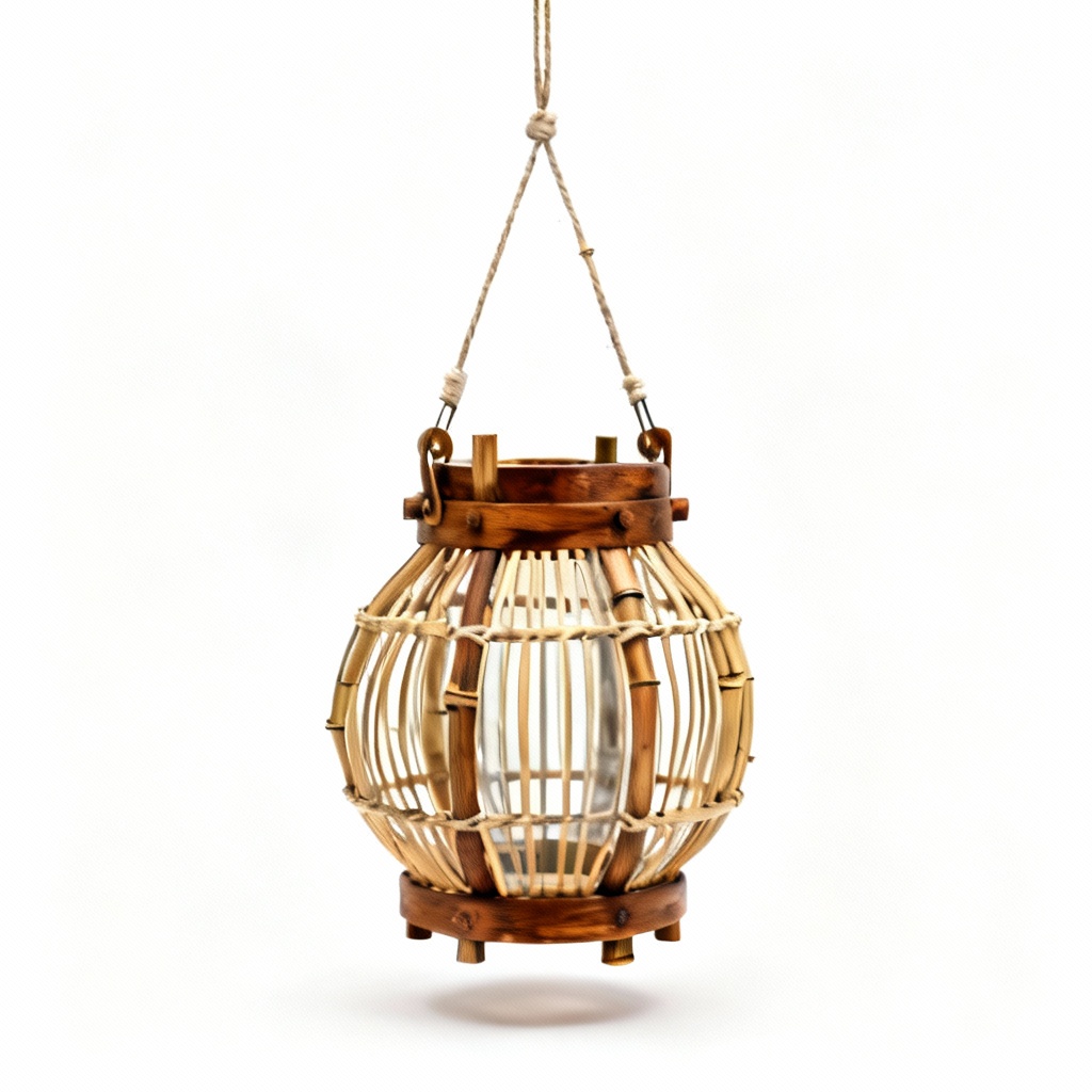 Vintage Wood & Bamboo Hanging Terrarium Lantern