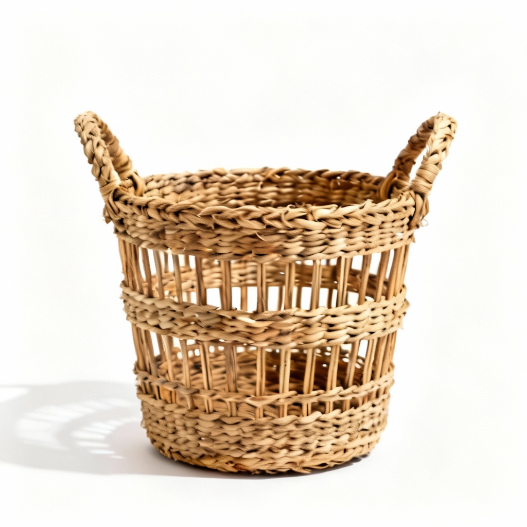 Woven Rattan Decorative Basket with Handles, Natural Finish