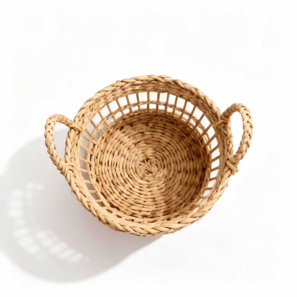 Woven Rattan Decorative Basket with Handles, Natural Finish