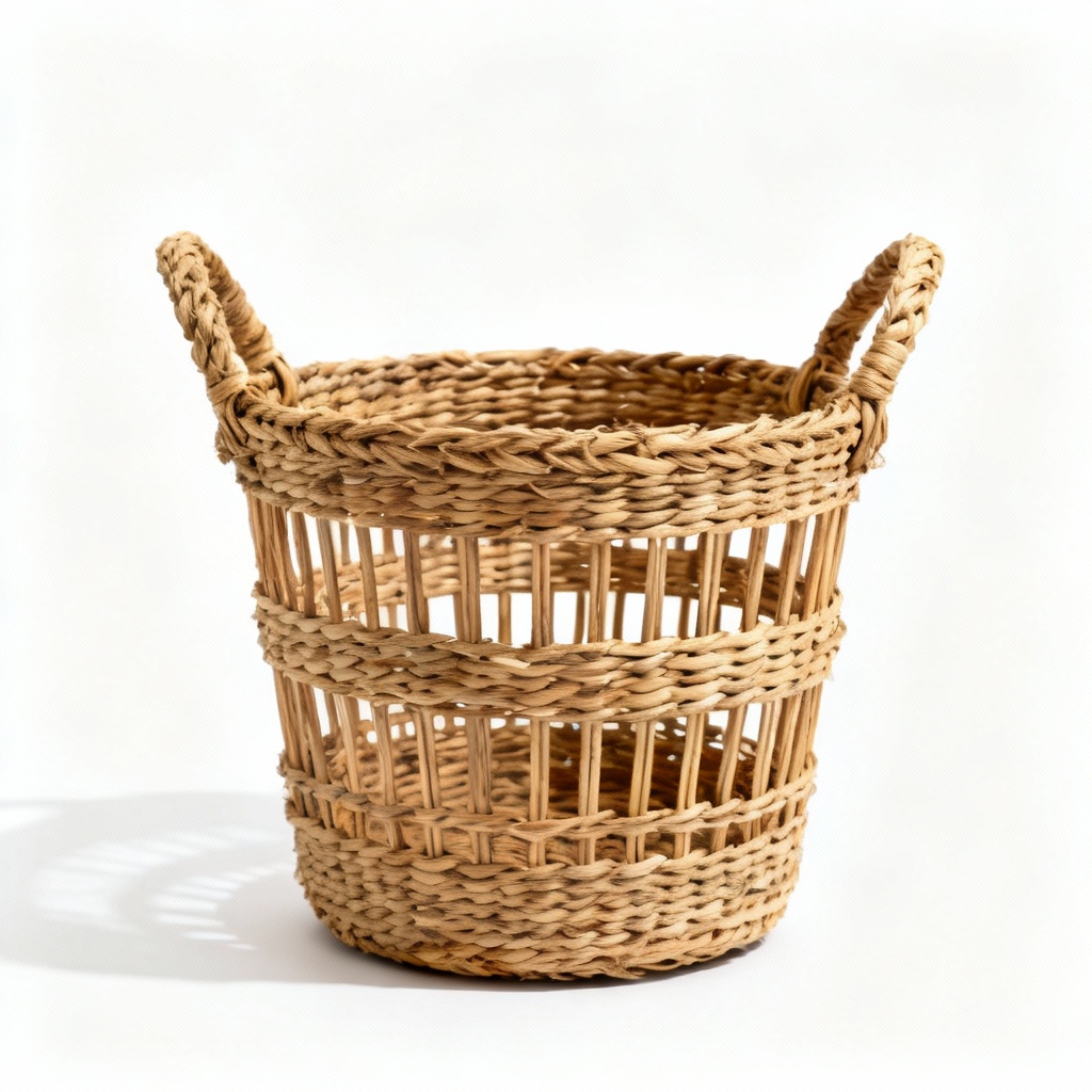 Woven Rattan Decorative Basket with Handles, Natural Finish