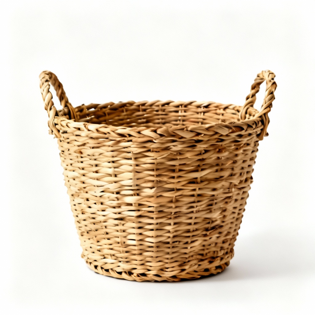 Woven Rattan Decorative Basket with Handles, Natural Finish