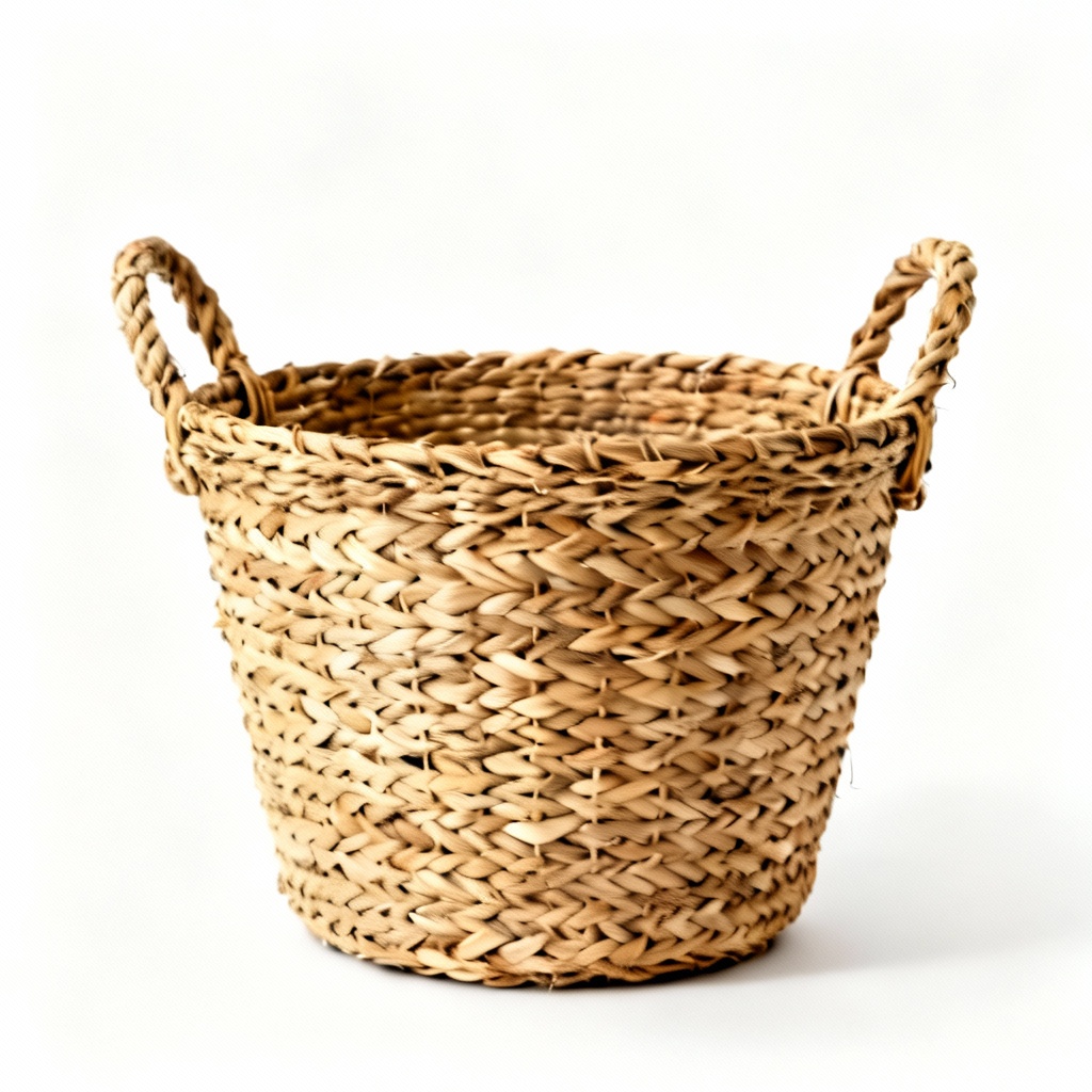 Woven Rattan Decorative Basket with Handles, Natural Finish
