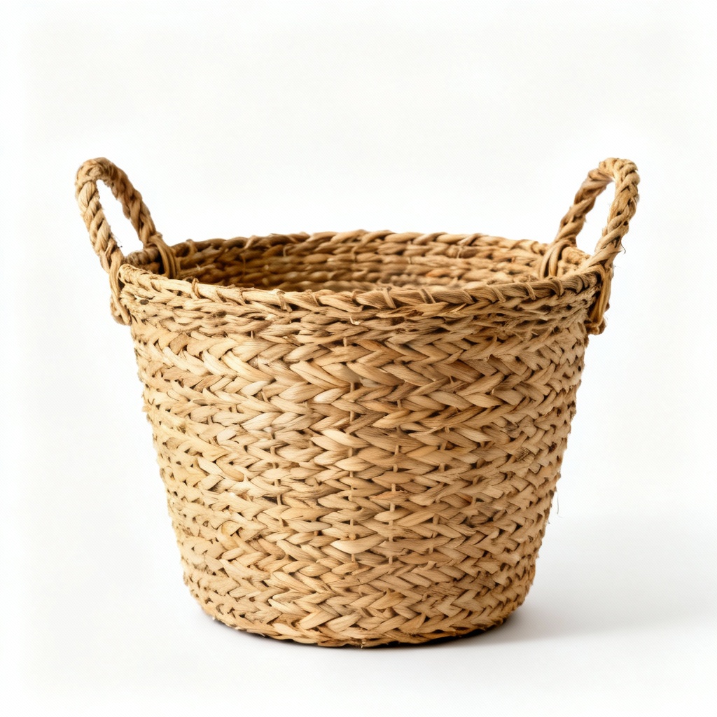 Woven Rattan Decorative Basket with Handles, Natural Finish