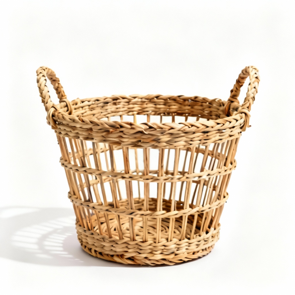 Woven Rattan Decorative Basket with Handles, Natural Finish