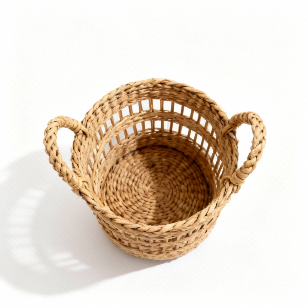 Woven Rattan Decorative Basket with Handles, Natural Finish
