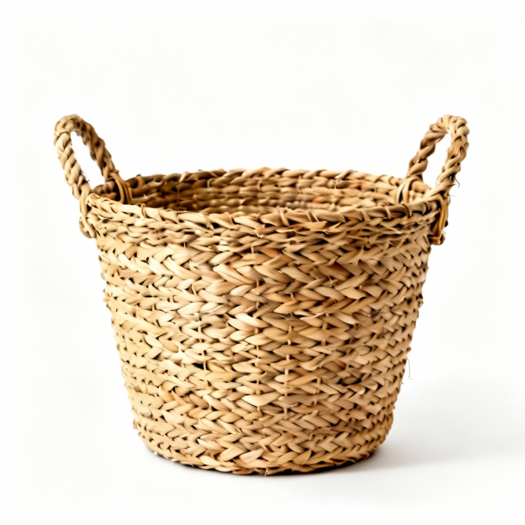Woven Rattan Decorative Basket with Handles, Natural Finish