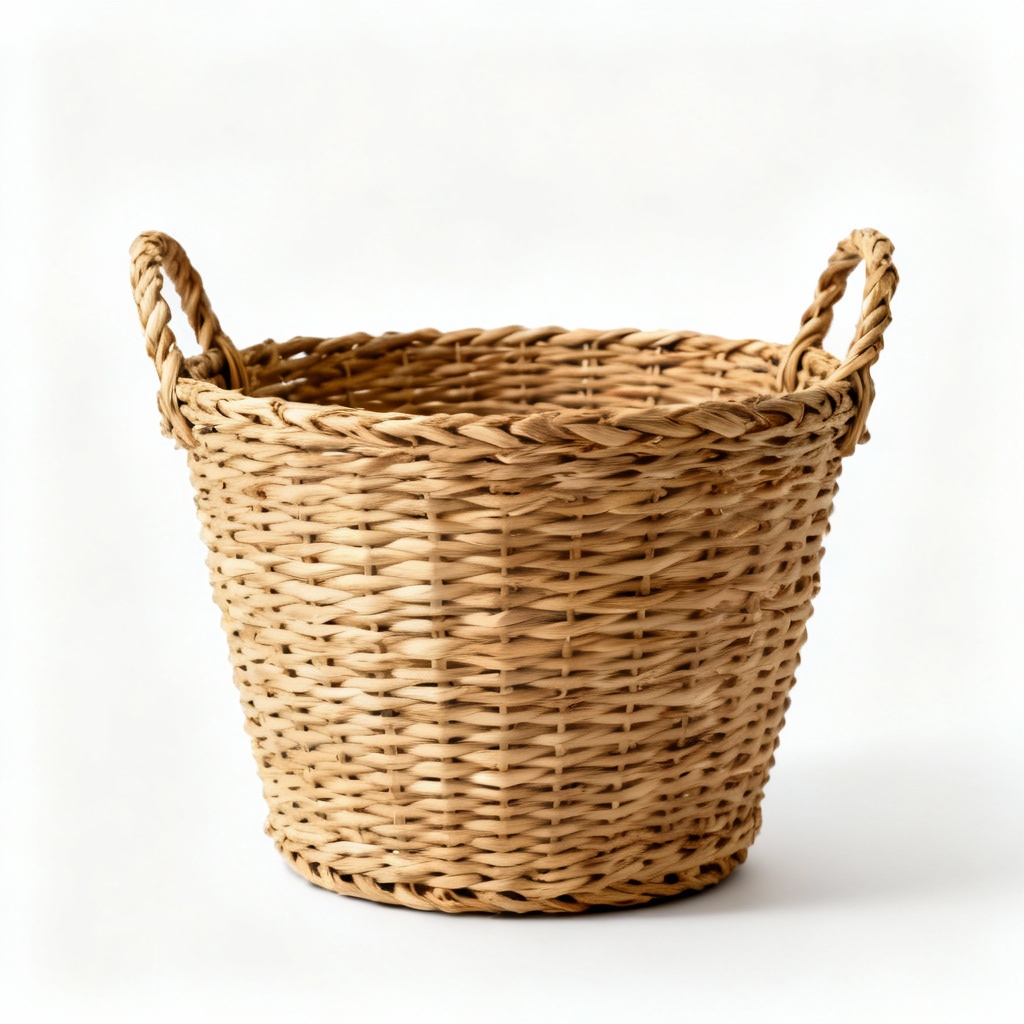Woven Rattan Decorative Basket with Handles, Natural Finish