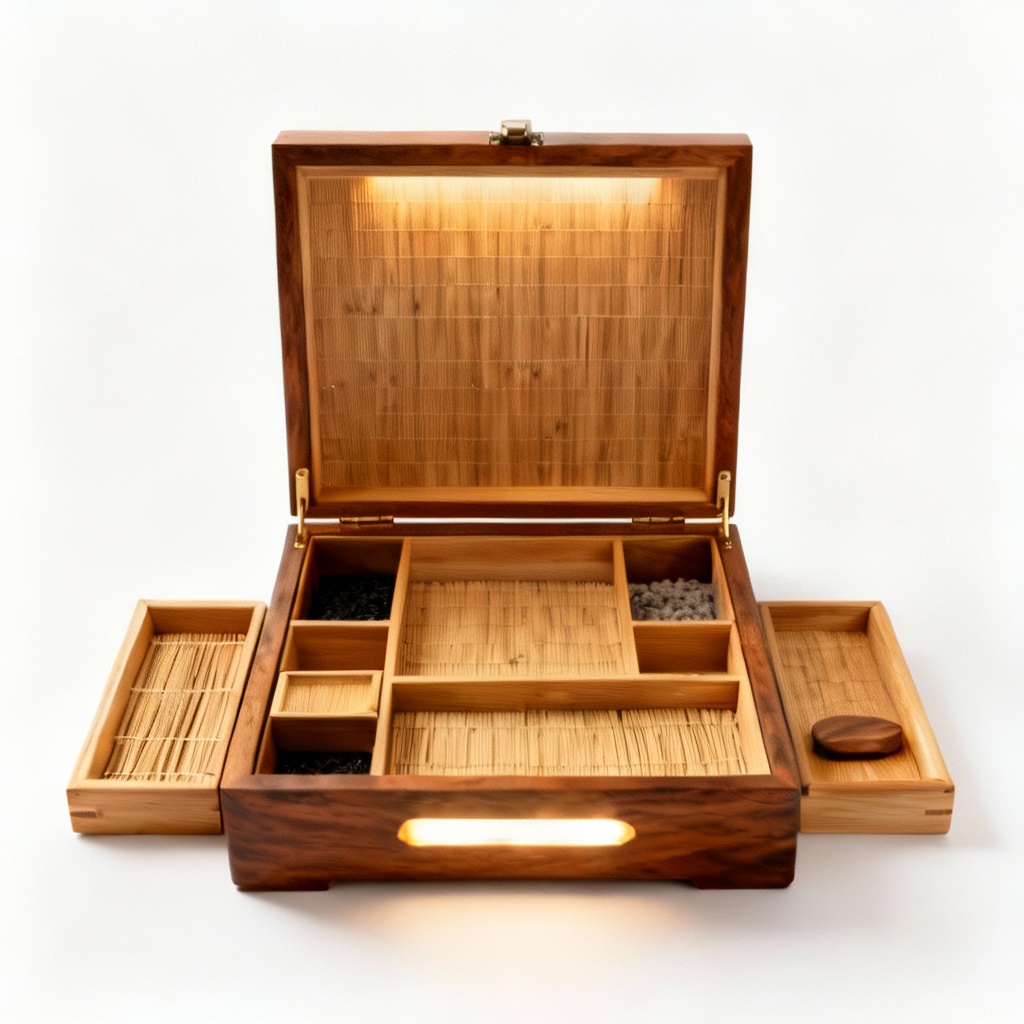 Zen Garden Jewelry Organizer Box - Wood & Bamboo with LED Accent Light